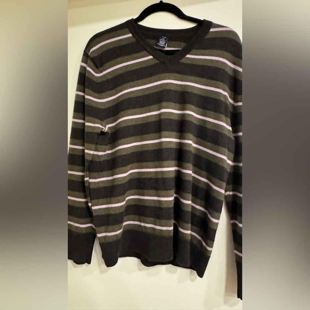 Gap Men's Large 100% Merino Wool V-Neck Sweater (Grey/ Lilac|Green Stripes)